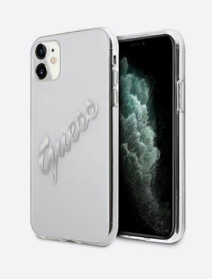 CAPA GUESS IPHONE 11 TRASPARENTE COM LOGO PRATA